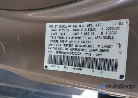 2003 Honda Cr-V Ex from USA, damaged, VIN SHSRD78863U120222